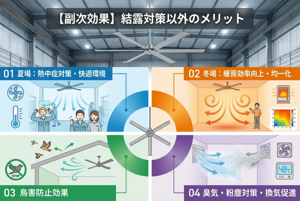 大型シーリングファン（HVLSファン）の副次効果（夏の熱中症対策・冬の暖房効率向上・鳥害防止・臭気や粉塵対策）を示した図解