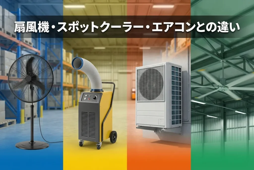 工場の熱中症対策におけるHVLSファンと扇風機・スポットクーラー・エアコンとの違いを比較したイメージ