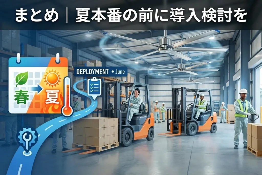 夏本番前に工場の熱中症対策としてHVLSファン導入を検討するイメージ