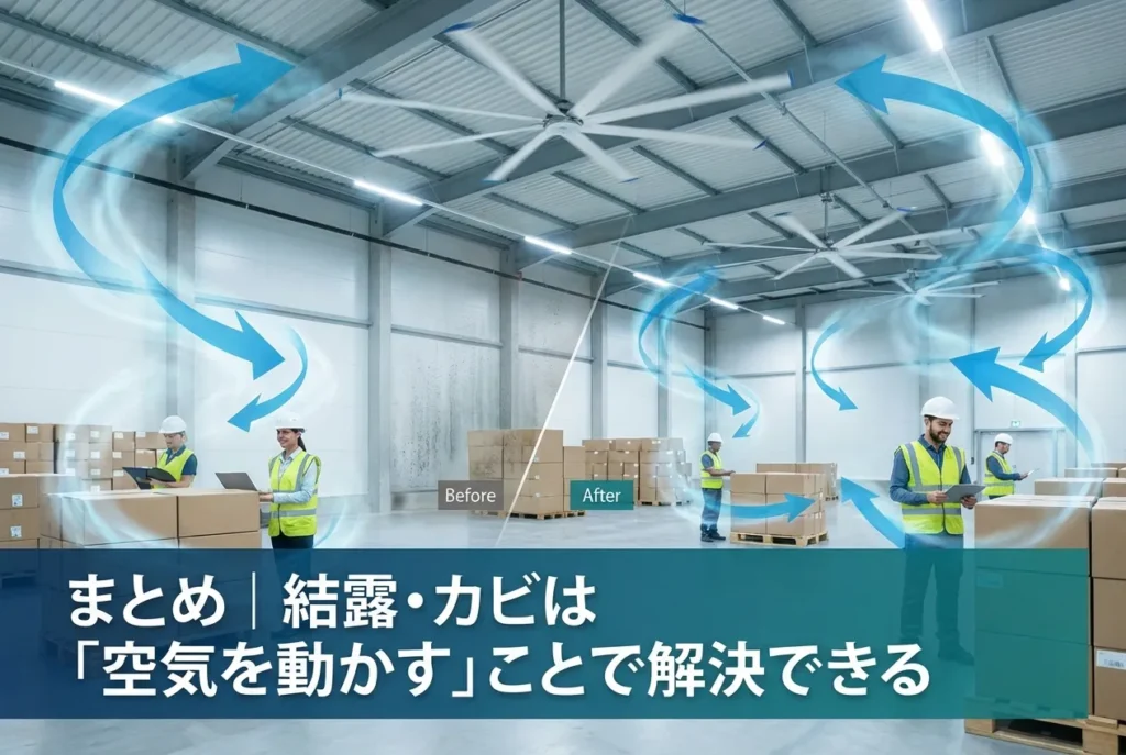 大型シーリングファンで空気を循環させ倉庫の結露・カビ対策を改善したアフターのイメージ