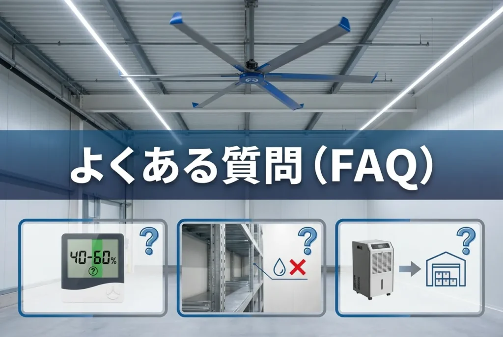 倉庫の結露対策や大型シーリングファン導入に関するよくある質問（FAQ）をまとめたイメージ