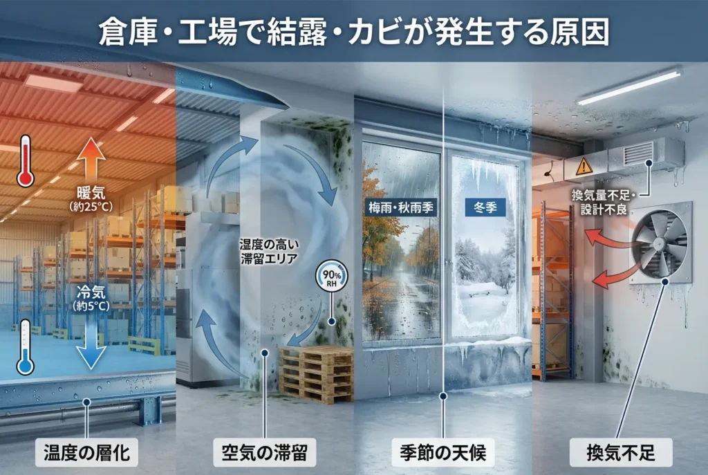 倉庫や工場で結露やカビが発生する原因（温度の層化・空気の滞留・季節要因・換気不足）を解説したイメージ図