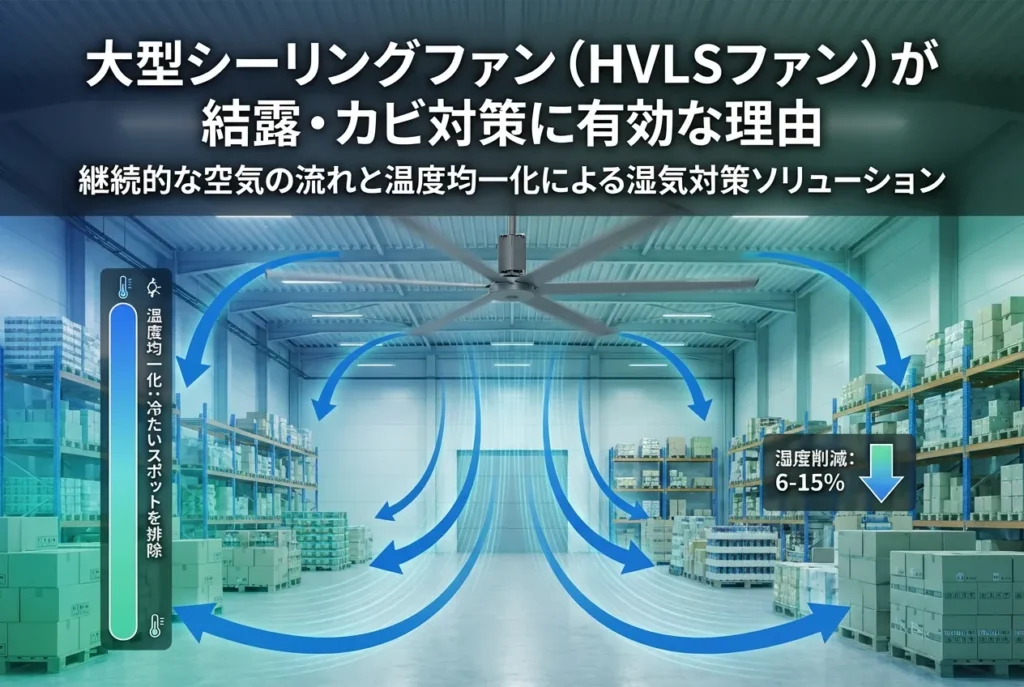 大型シーリングファン（HVLSファン）による空気循環で倉庫内の温度を均一化し結露・カビ対策を行うイメージ