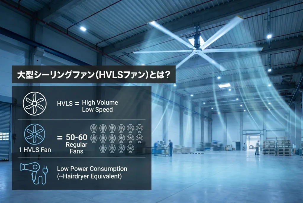 工場や倉庫の熱中症対策に活用される大型シーリングファン（HVLSファン）の仕組みと特徴