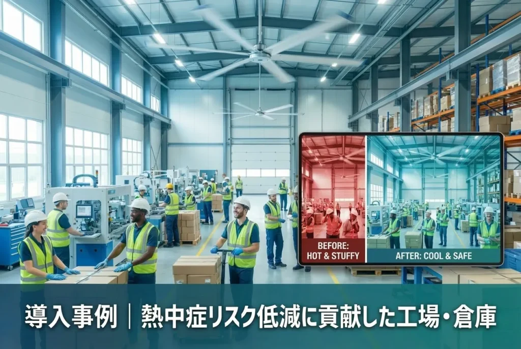 導入事例のイメージ図｜熱中症リスク低減に貢献した工場・倉庫