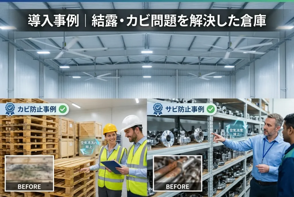 大型シーリングファン導入により倉庫の結露・カビ問題を改善した事例（カビ防止・錆防止）のイメージ