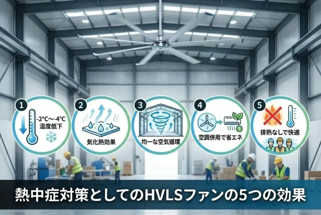 工場の熱中症対策としてHVLSファンがもたらす5つの効果（体感温度低下・気化熱・空気循環・省エネ・快適環境）