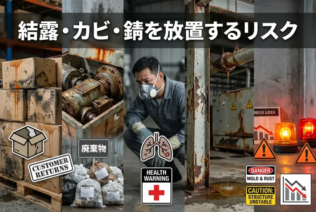 倉庫で結露・カビ・錆を放置することで発生する返品増加・廃棄ロス・健康被害・設備劣化のリスクを示したイメージ