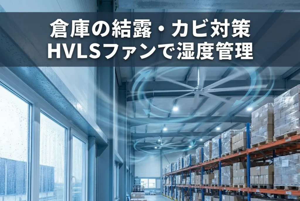 大 型シーリングファンで空気循環を改善し倉庫の結露対策を行う物流倉庫内の様子