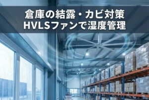 大 型シーリングファンで空気循環を改善し倉庫の結露対策を行う物流倉庫内の様子
